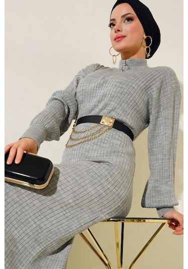 Bigdart 15900 Boydan Tesettür Triko Elbise - Gri