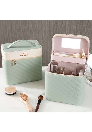 Hfambition Yeşil Pu Kozmetik Çantası - Büyük Kapasite, Fırça Bölmeli, Aynalı, Taşınabilir Makyaj Organizasyon Kutusu