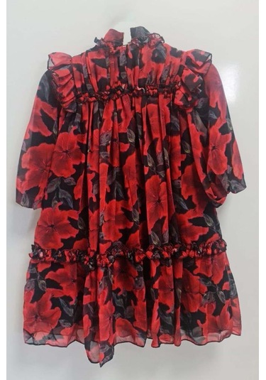 Riccotarz Kız Çocuk Yakası Ve Omuzları Fırfır Detaylı Çiçek İşlemeli Pliseli Kırmızı Elbise Kırmızı