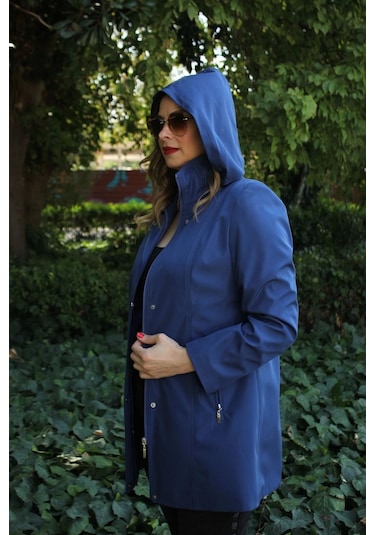 1616 Fermuarlı Cep Detaylı Kapuşonlu Bondit Ceket Sax Saks Mavi
