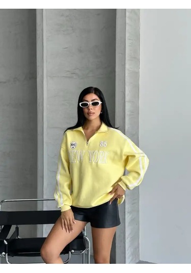 Yarım Fermuarlı Newyork Yazılı Sweat Sarı