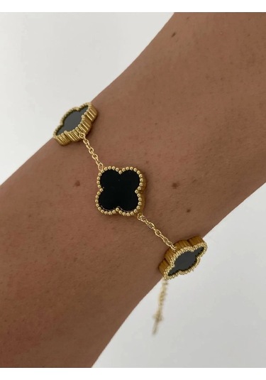 Gold Siyah Doğal Taşlı Premium Çelik Bileklik Gold