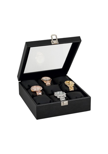 Chavin st9-18 Ahşap Üzeri Siyah Deri Cam Kapaklı Saat Kutusu 9'lu