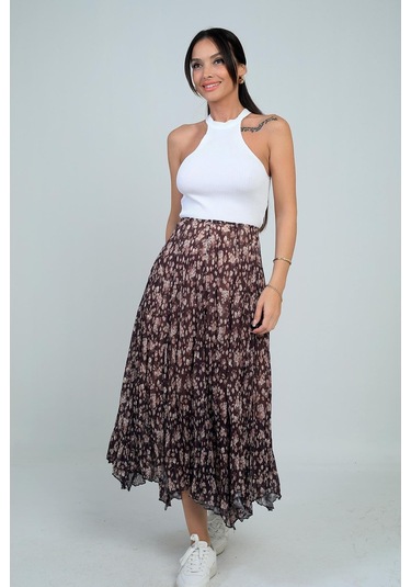 Kadın Beli Lastikli Astarlı Mini Çiçekli Midi Kraşlı Üçgen Etek-41769 Kahve