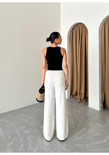 Taş Beli Lastikli Pamuklu Keten Pantolon Taş