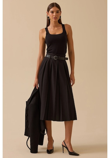 Seçil Kadın Kemerli Pile Detaylı Midi Etek 0003 Siyah Siyah