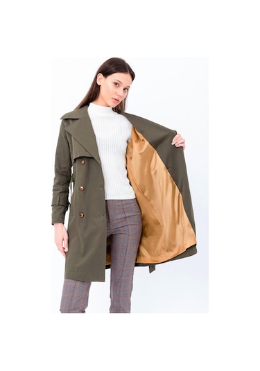 Pastelastore %100 Pamuk Gabardin Midi 95cm Astarlı Kemerli Kadın Trençkot 1113 Haki