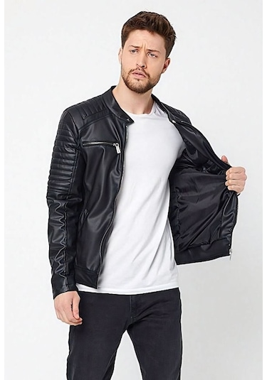Oliggopol Erkeksiyah İç Cepli Slim Fit Deri Ceket Mont Haki