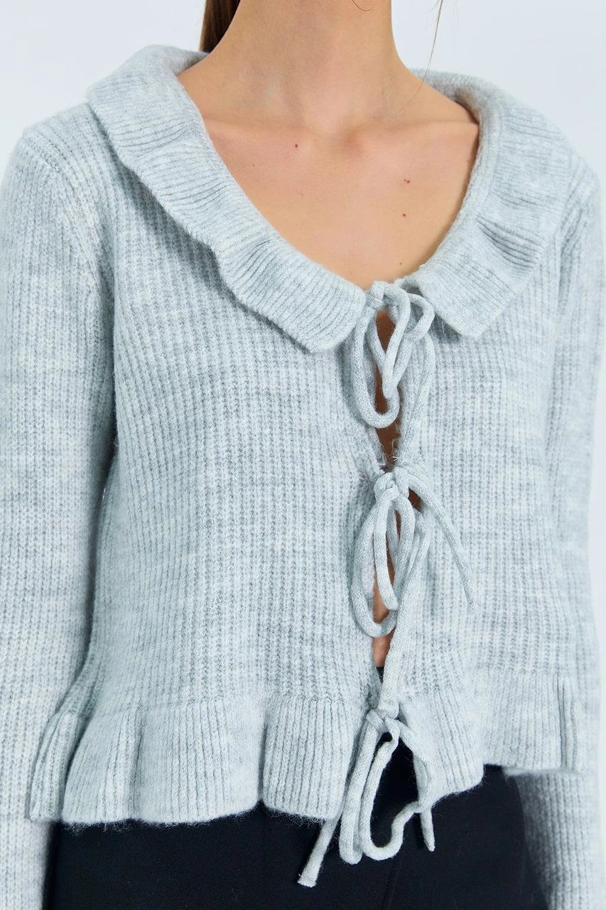 6899 Kadın Önden Bağcıklı Hırka Gri Gri