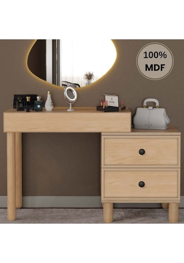 Meşe Mdf Makyaj Masası Ledli Ayna Dahildir Bej