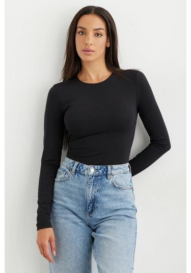 Kadın Uzun Kollu Bisiklet Yaka Süprem Bluz Siyah