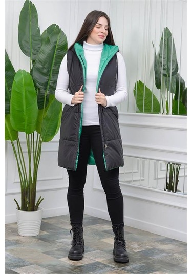 Neşeli Butik Kadın Yeşil Kapüşonlu Kapitone Çift Taraflı Yelek Nb0002 Yeşil