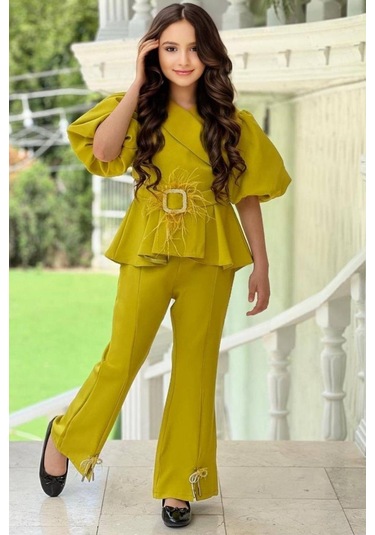 Riccotarz Kız Çocuk Fermuar Ve Kemer Detaylı Kruvaze Yaka Hardal Alt Üst Takım 001