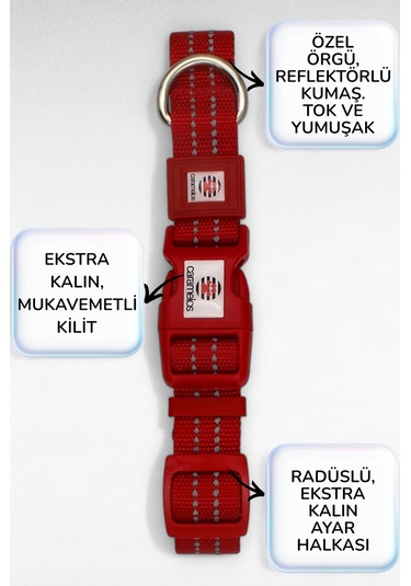 Caramelos Reflektörlü Köpek Tasması, Kişiye Özel Köpek Tasması. Büyük Ive Orta Irk Köpek Tasması Krm Kırmızı