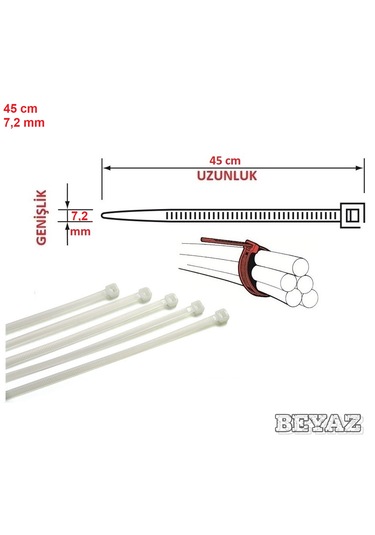 50 Adet 45cmx7,2mm Beyaz Plastik Cırt Kelepçe Kablo Bağı