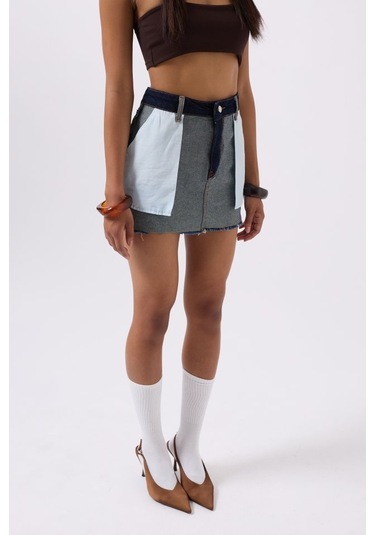 Ters Detay Denim Mini Etek Mavi