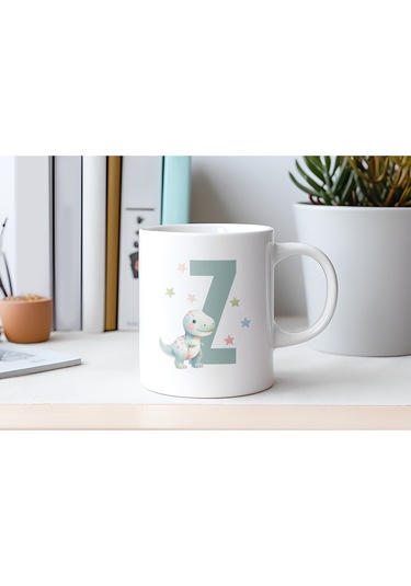 Z Harfi Sevimli Dinozor Kupa Bardak - Açık Yeşil Yıldız Detaylı Dino Tasarım - Hediye Beyaz