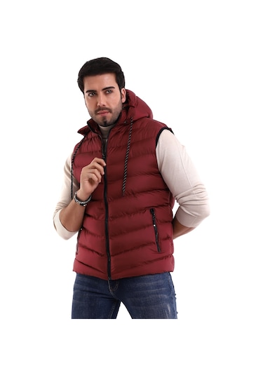 Everest Jel Dolgu Çıkartılabilen Fermuarlı Kapüşonlu Erkek Şişme Yelek Bordo