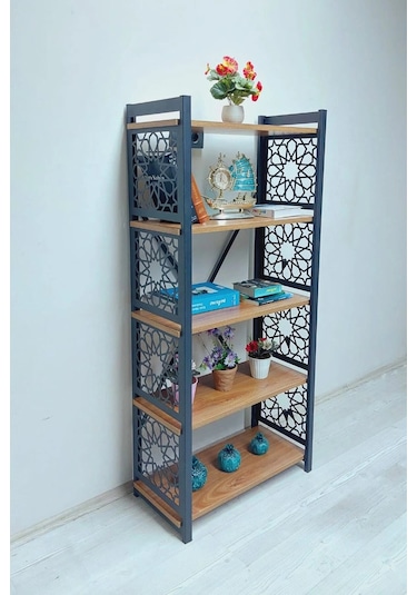 Desenli, Lazer Kesim, Metal, 5'li Raf,çiçeklik,kitaplık Ceviz