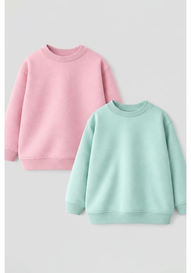 Zuzunga 2'li Basic Şardonlu Çocuk Sweatshirt Su Yeşili - Pudra 9003