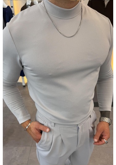 Yarım Balıkçı Pamuk Örme Likralı Esnek Rahat Kumaş Pileli Pantolonlu Takım Gri