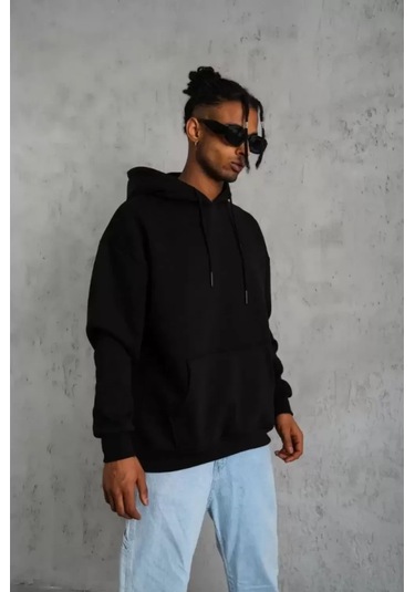 Erkek Düz Kapüşonlu Sweat - Siyah renkli