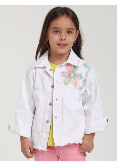 Kız Çocuk Çiçek Desenli Kot Ceket-15633 Beyaz
