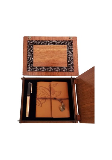 Ahşap Kutulu Taba Renk Deri Defter Ve Kalem Set 1 Adet
