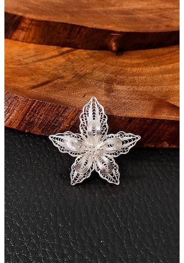 Telkari Gümüş Broş El İşi Bayan Taşsız Yaka İğnesi Modeli Kadın B Gümüş