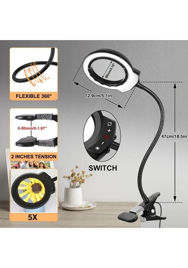 Willowhaven Siyah 5v Usb Led Büyüteçli Lamba, 5 Renk, 10 Parlaklık, Mengeli
