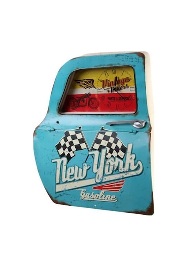 Kenpazar Dekoratif Newyork Temalı Mavi Araba Kapısı Saatli Duvar Rafı çok Renkli