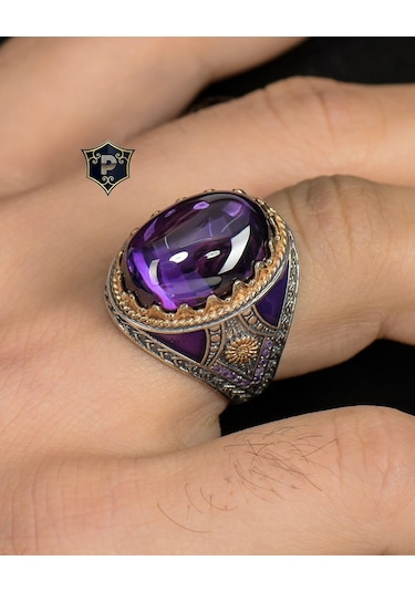 Ametist Taşlı 925 Ayar Gümüş Erkek Yüzüğü Zirkon Taş Süslemeli 800343