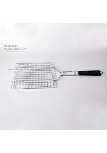 Jeemson Gümüş Demir Izgara Sepeti, Ahşap Saplı Kilitli Izgara Kafesi, Sebze-balık Et Izgarası, Barbekü Aleti, 53cm, 3-5 Kişilik Kapasite Çok Renkli