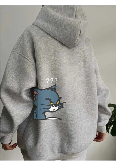 Sweatshirt Tom Ve Jerry Baskılı Kapşonlu Gri2