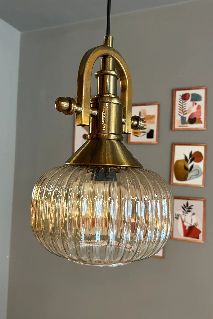 Mola Cam Bal Rengi Tekli Avize Gemici Eskitme Başlık Retro Sarkıt Lamba Restoran Salon Aydınlatma Bal