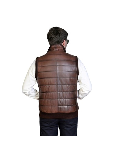 Asyaclub Max Hakiki Deri Erkek Taba Trikolu Şişme Yelek Kahverengi