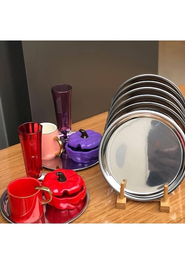 Bimote Gümüş Paslanmaz Çelik Sunum Servis Tepsisi 6'lı 21.5 CM