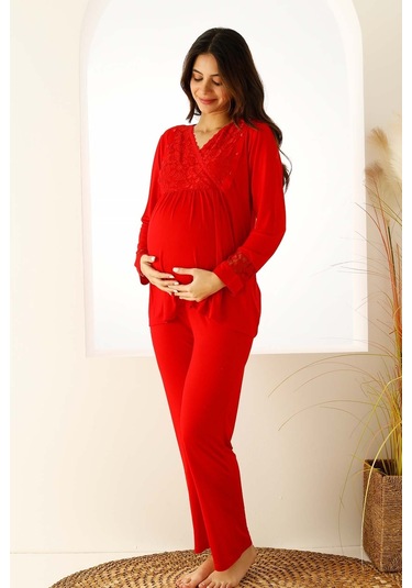 Premium Kutulu Emzirme Bölmeli Dantelli Hamile Lohusa Pijama Takımı Kırmızı