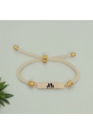 Archin Aile Temalı Dikdörtgen Figürlü Beyaz Örgülü 14 Ayar Altın Plakalı Hediye Bileklik-413sembol Aile Sembolü