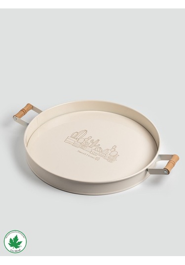 Lin Metal 37cm Yuvarlak Tepsi Ahşap Kulplu Kaktüs Baskılı - Krem