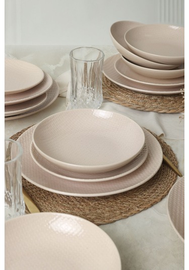 Kumlu Krem Rölyefli Yemek Takımı 18 Parça 6 Kişilik Q32 Krem