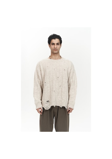 Vincent Yırtık Detay Bej Erkek Triko Kazak Bej