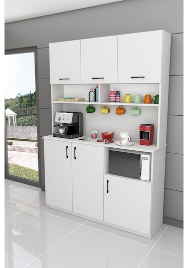 %100 Mdflam Kahve Köşesi Çok Amaçlı Mutfak Dolabı Kahve03 Beyaz Beyaz