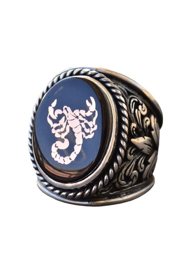 Akrep Hayvan Yüzüğü - Erkekler İçin Sterlin Gümüş Zambak Desenli Büyük Yüzük Gümüş