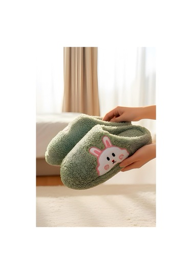 Ft 101 Tavşan Nakışlı Kadın Ev Terliği Peluş Terlik Çeyiz Ve Bohça Terliği Ses Yapmaz Kalın Taban Yeşil
