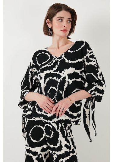 Lela Desenli Regular Fit Truvakar Kol V Yaka Alt-Üst Bayan Takım 5865357 Siyah