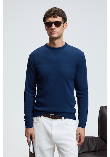 VAREX Erkek Yuvarlak Yaka Basic Slim Fit Triko İndigo Kazak