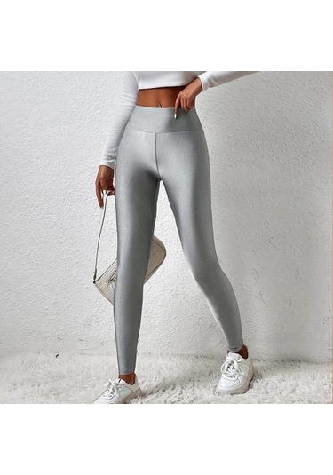 Yüksek Esneklik Kadın Tayt Dar Kesim Düz Renk Parlak Yüksek Bel Yoga Pantolonu İlkbahar Sonbahar Aktif Giyim Açık Mavi