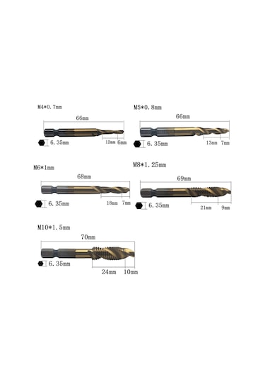Kangvka Hss Heksagonal Saplı Matkap, Delme, Vida Kesme Ve Köşe Yumuşatma 3'ü 1 Seti - Tin Kaplama, M3-m10 Boyutları, 6 Adet