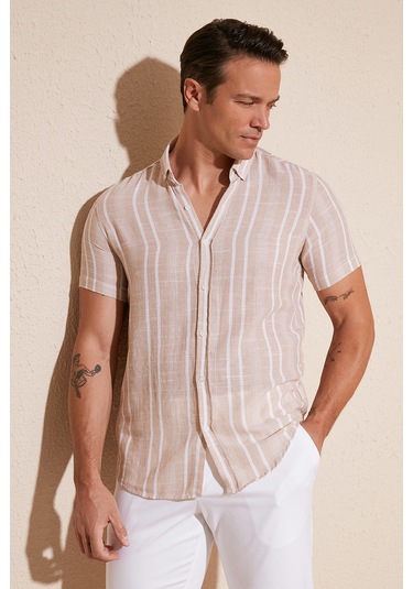 Buratti Çizgili Pamuklu Slim Fit Kısa Kollu Erkek Gömlek Cf23S116097 Taş